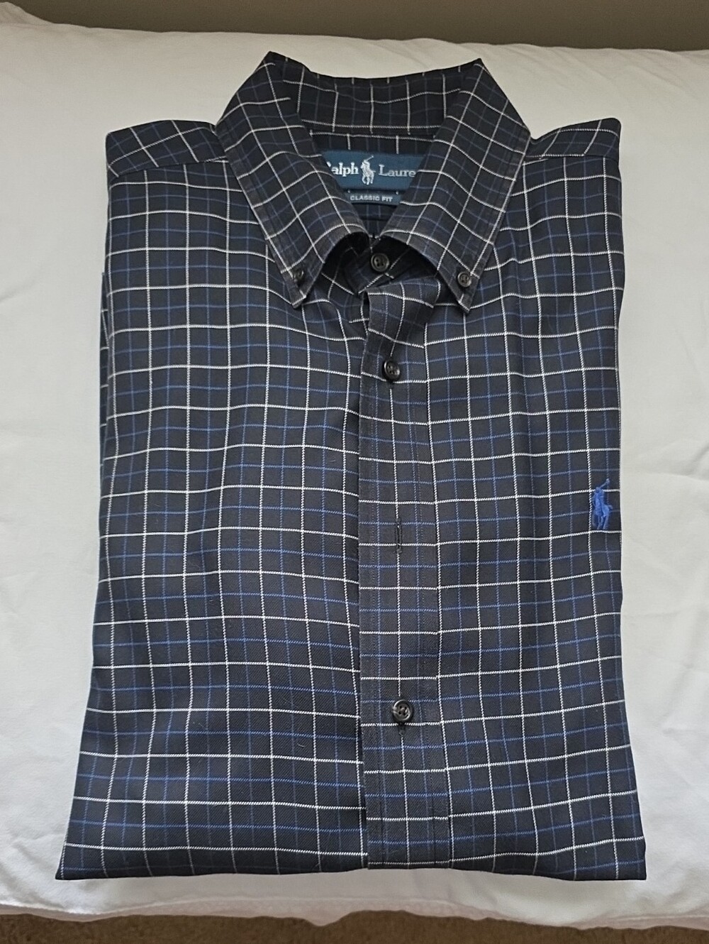 Ralph Lauren Black Plaid Button-Down Shirt with Light Blue Windowpane